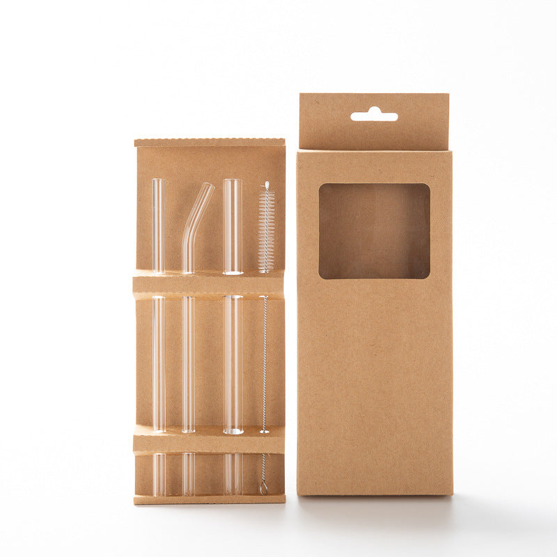 Wholesale High Borosilicate Glass Straw Set, 4-Piece Reusable Straws with Cleaning Brush & Kraft Box, Heat-Resistant Eco-Friendly Straws for Bubble Tea Coffee Juice