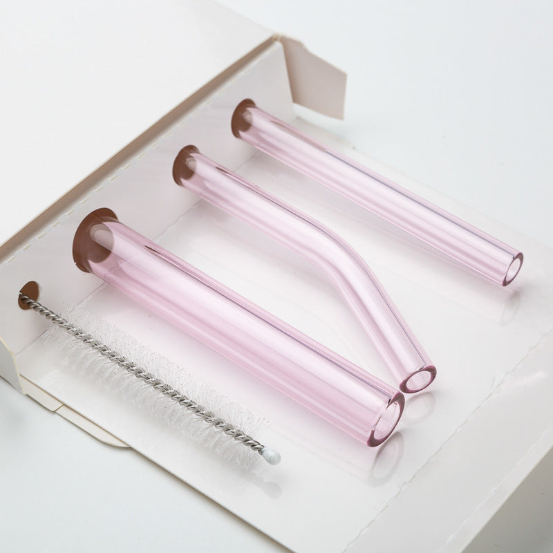 Wholesale High Borosilicate Glass Straw Set, 4-Piece Reusable Straws with Cleaning Brush & Kraft Box, Heat-Resistant Eco-Friendly Straws for Bubble Tea Coffee Juice