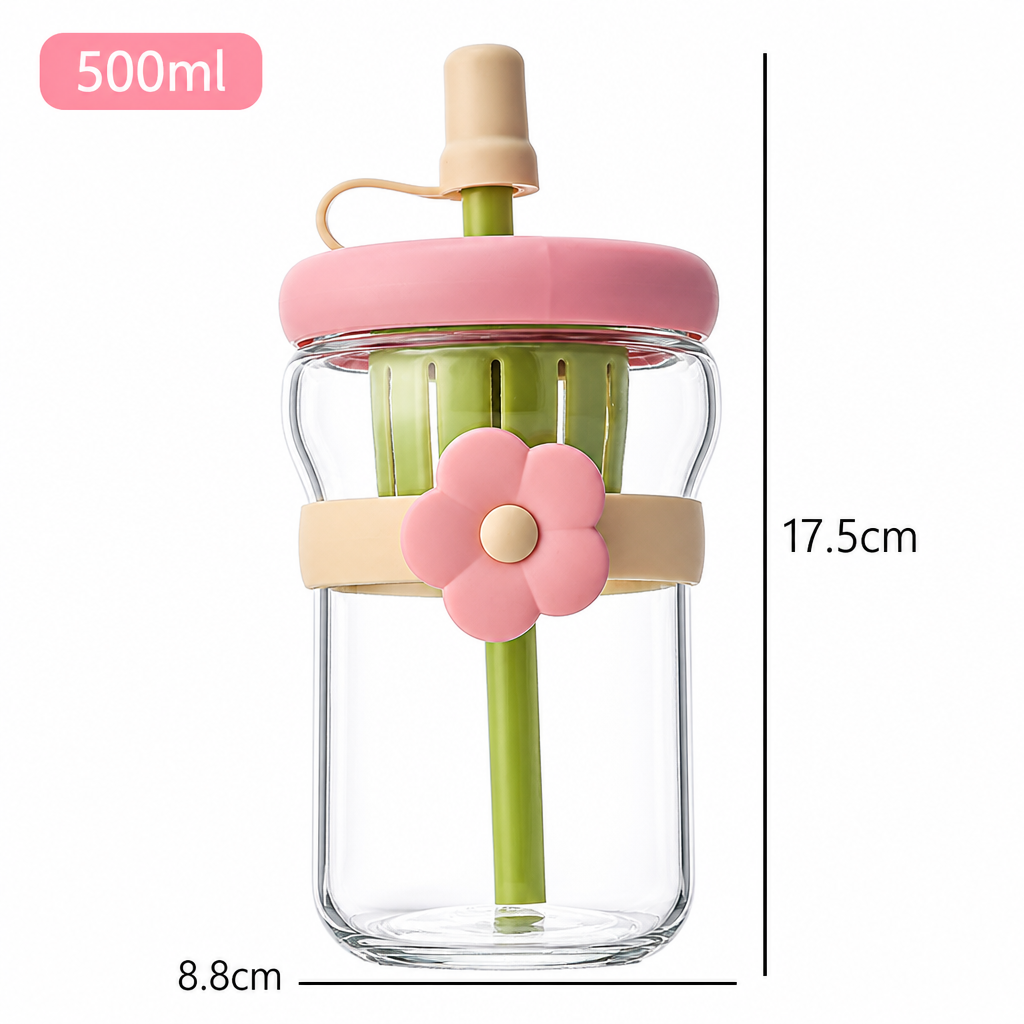Wholesale Flower Glass Cup Bulk, Ins Style High Borosilicate Glass Tumbler Supplier with Silicone Straw, Cute Aesthetic Tea Separation Water Bottle for Girls, Custom Gift Cup