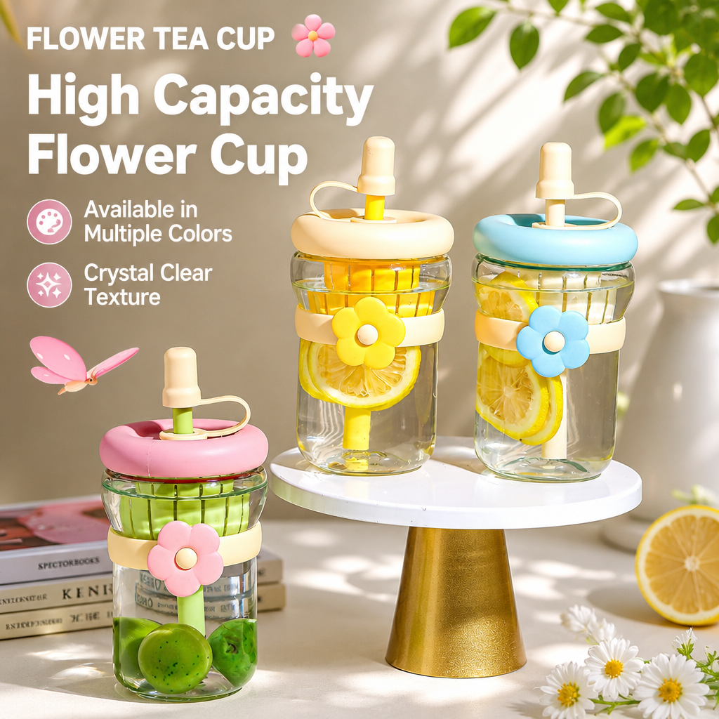 Wholesale Flower Glass Cup Bulk, Ins Style High Borosilicate Glass Tumbler Supplier with Silicone Straw, Cute Aesthetic Tea Separation Water Bottle for Girls, Custom Gift Cup