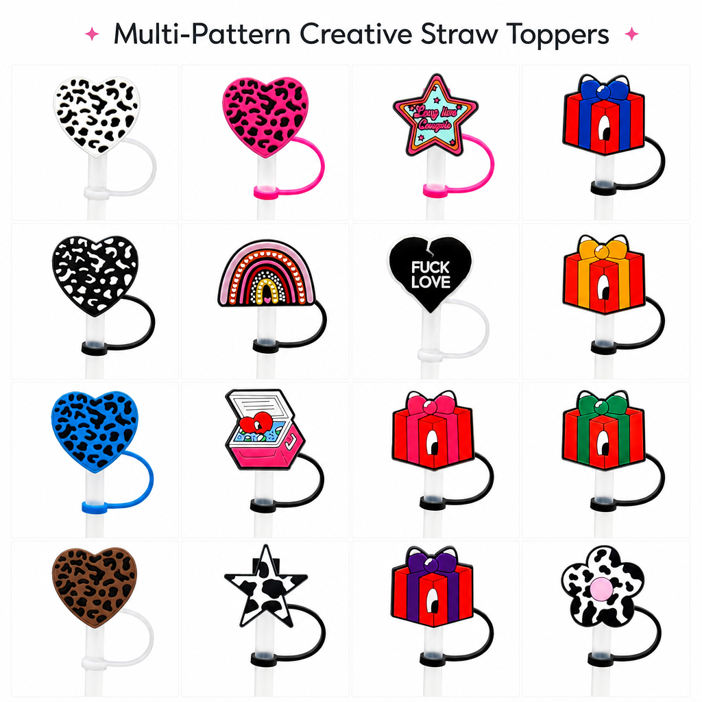 Wholesale Heart Leopard Straw Cover Bulk, Cute Silicone Straw Tip Cap Supplier, Anime Party Straw Decoration Dust Plug Cross-border