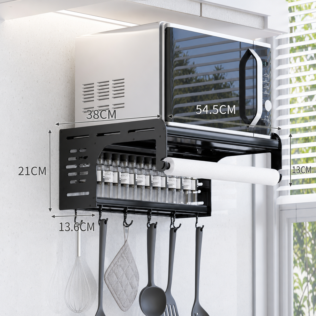 Wholesale Kitchen Microwave Oven Shelf, Space Aluminum Wall-Mounted Storage Rack, Multi-functional Oven Hanger Bracket with Hooks